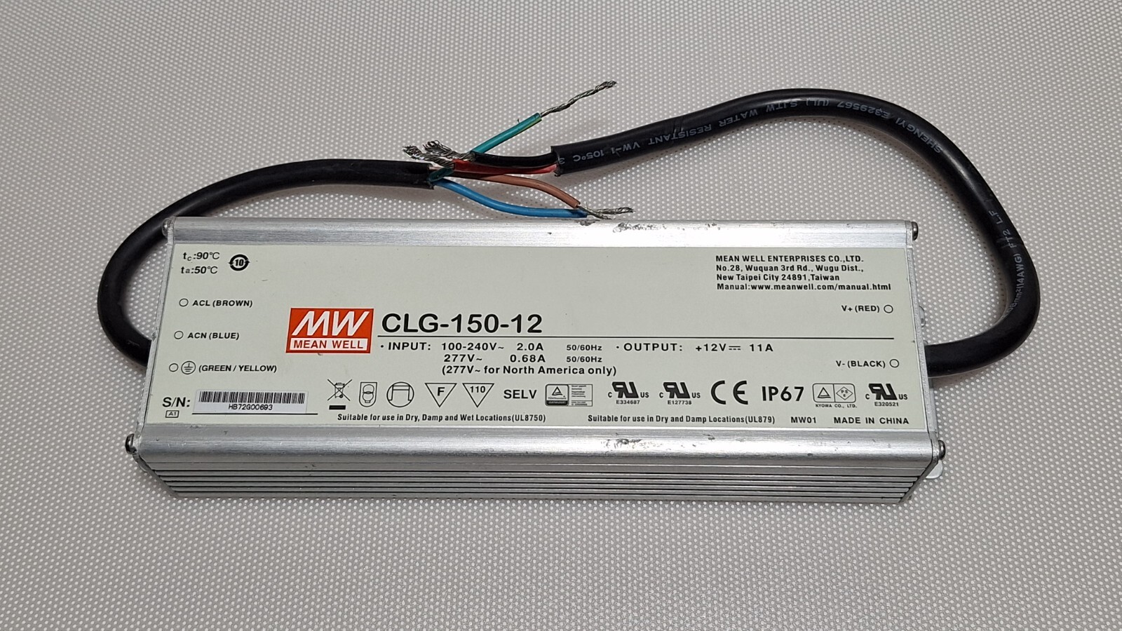 CLG-150-12  Mean Well LED Power Supply, 100-240VAC, 50/60 Hz, 12 VDC, 11A