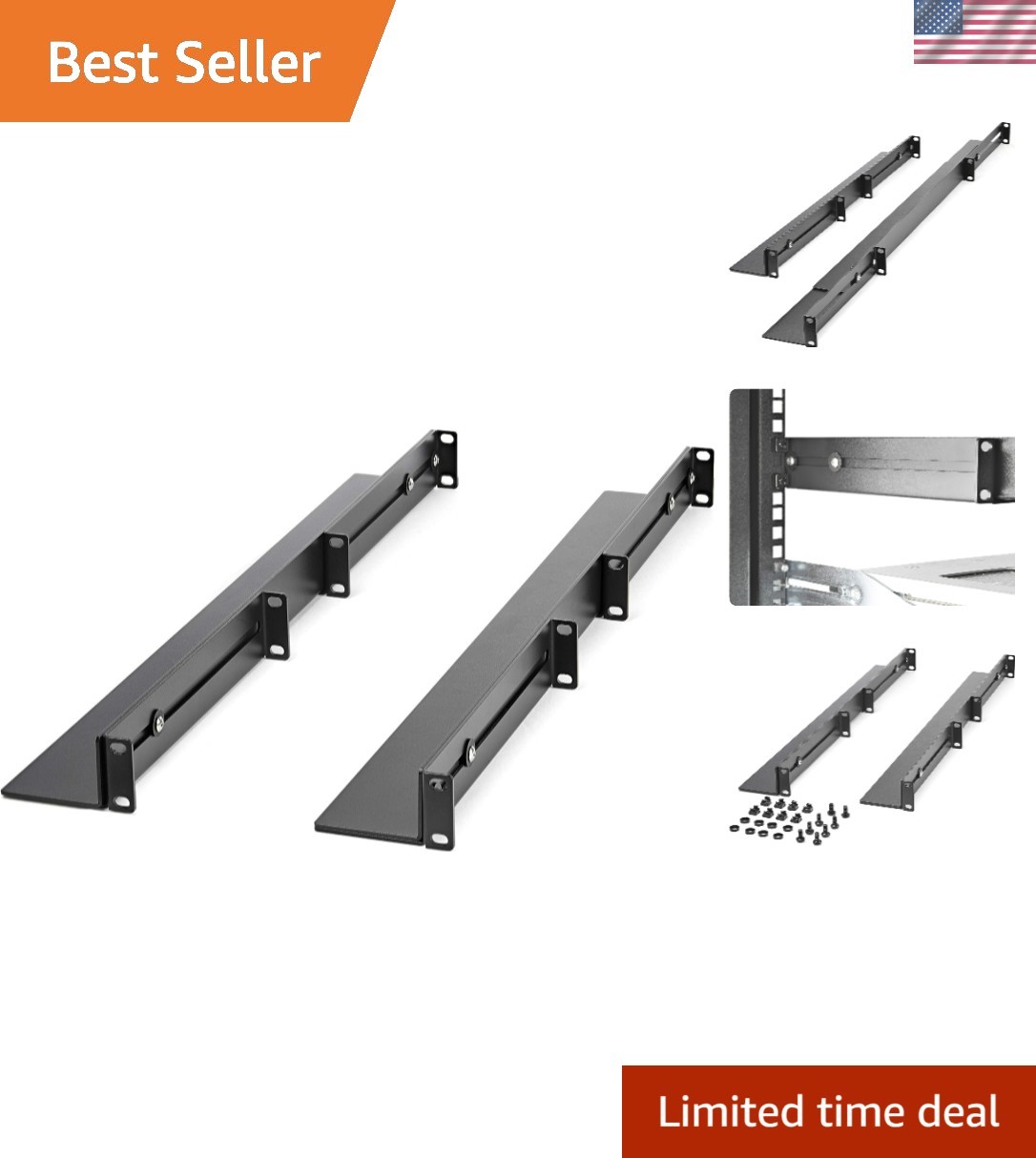 StarTech 1U 4-Post Rack Rails, 19in, 24-36in, 200lb/90kg, Cold-Rolled Steel, ...