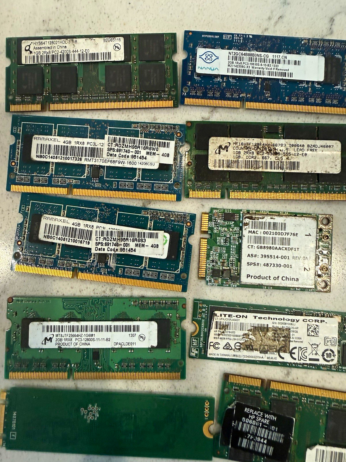 Mixed Laptop Parts Lot DDR2 DDR3 DDR3L SODIMM RAM 256GB M.2 SSD WiFi Untested