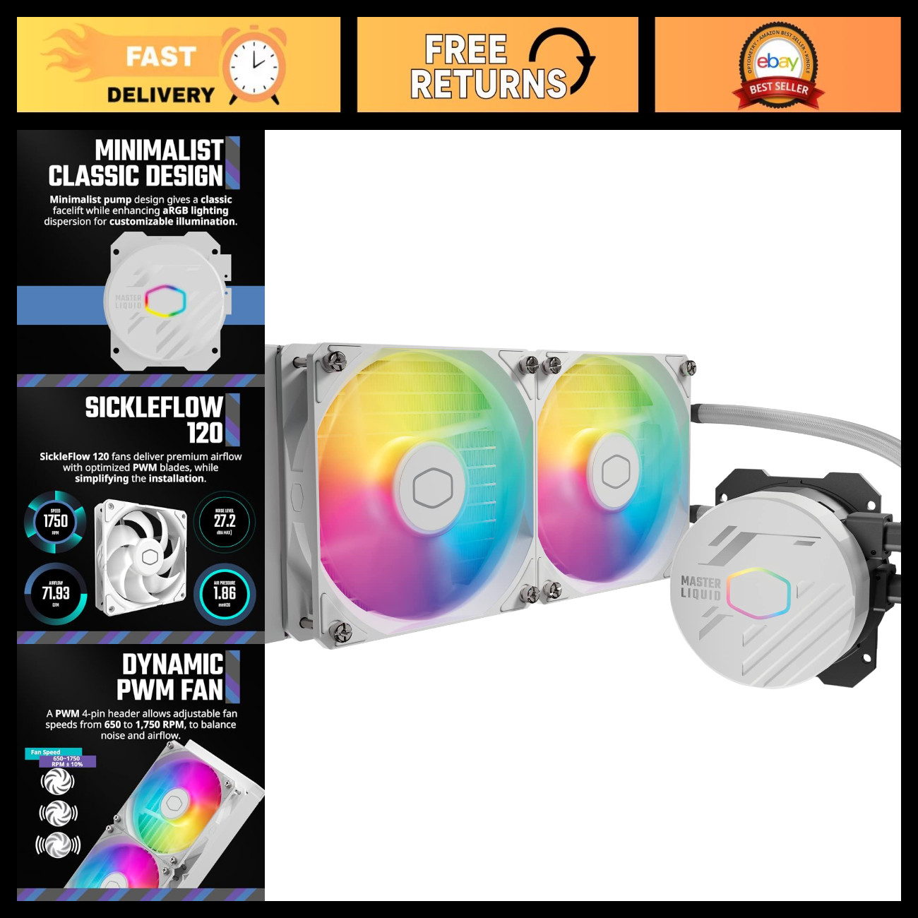 240mm AIO Liquid CPU Cooler - ARGB Fans, Dual-Chamber Pump, Quiet, Easy Install,