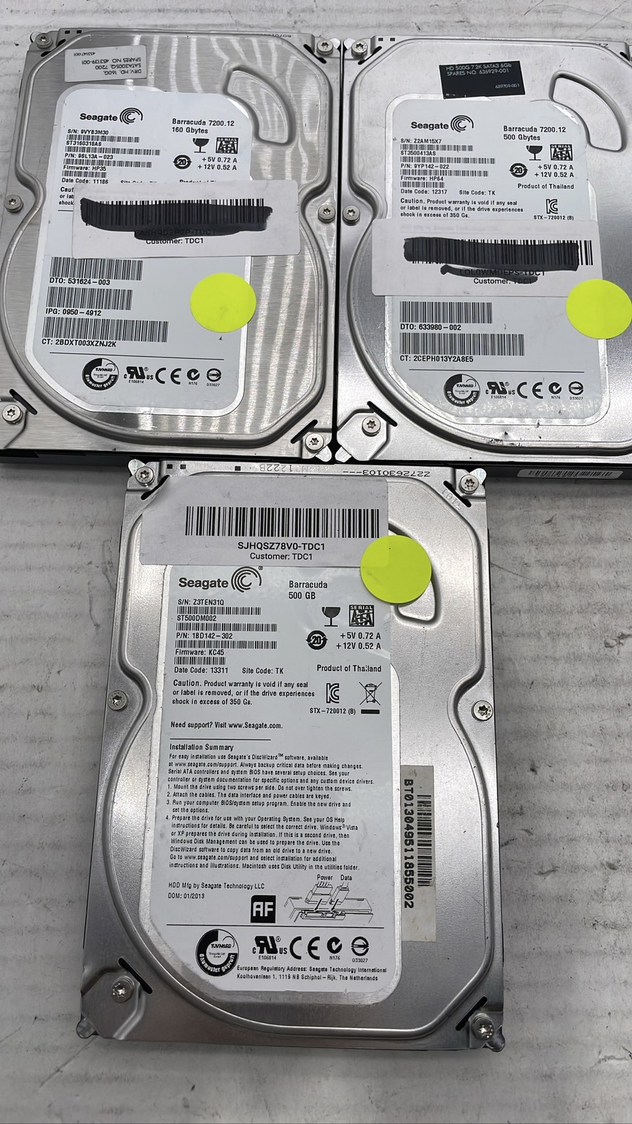 Seagate Barracuda 160GB + 2x 500GB SATA HDD Lot of 3 ST3500413AS ST3160318AS
