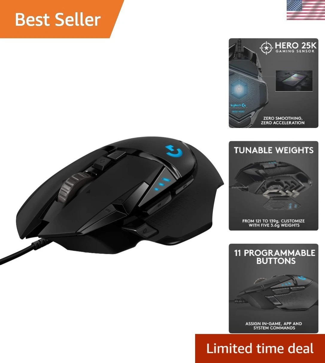 502 Hero High Performance Wired Gaming Mouse, Hero 25K Sensor, 25,600 DPI, RG...