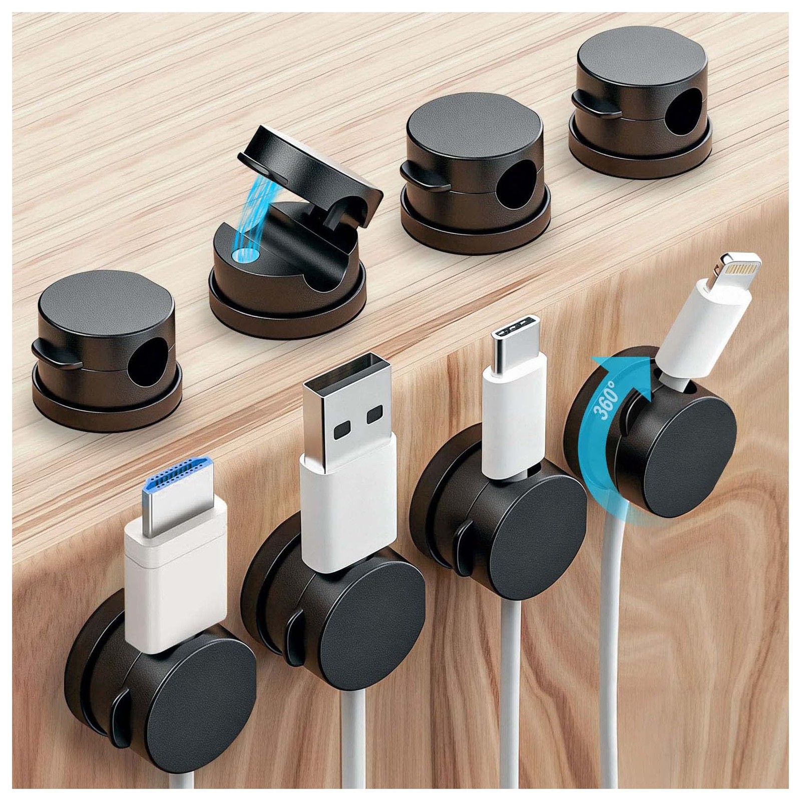 OneLeaf 8 Pack 360° Rotatable Strong Magnetic Cable Clips Cord Holder Black