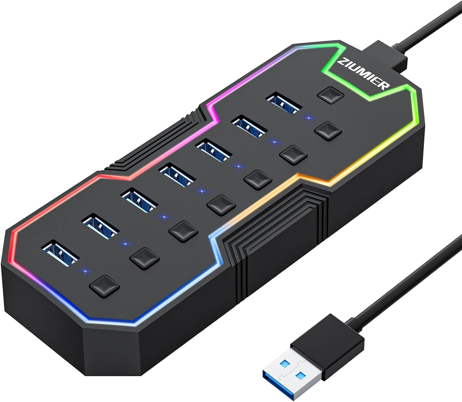 USB Hub 7 Port, RGB LED Strip USB Splitter for Laptop Gaming
