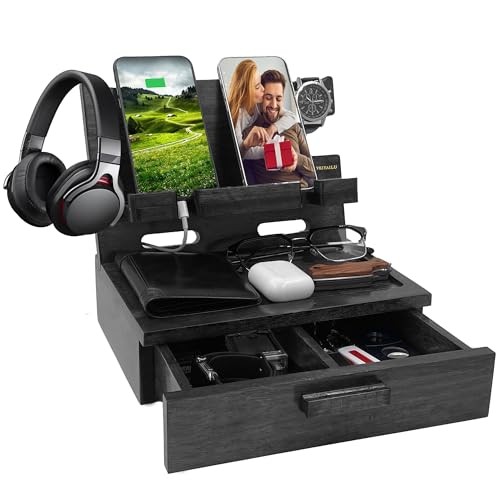 Gifts for Him Husband Boyfriend Son Men Nightstand Organizer Wood Phone Black