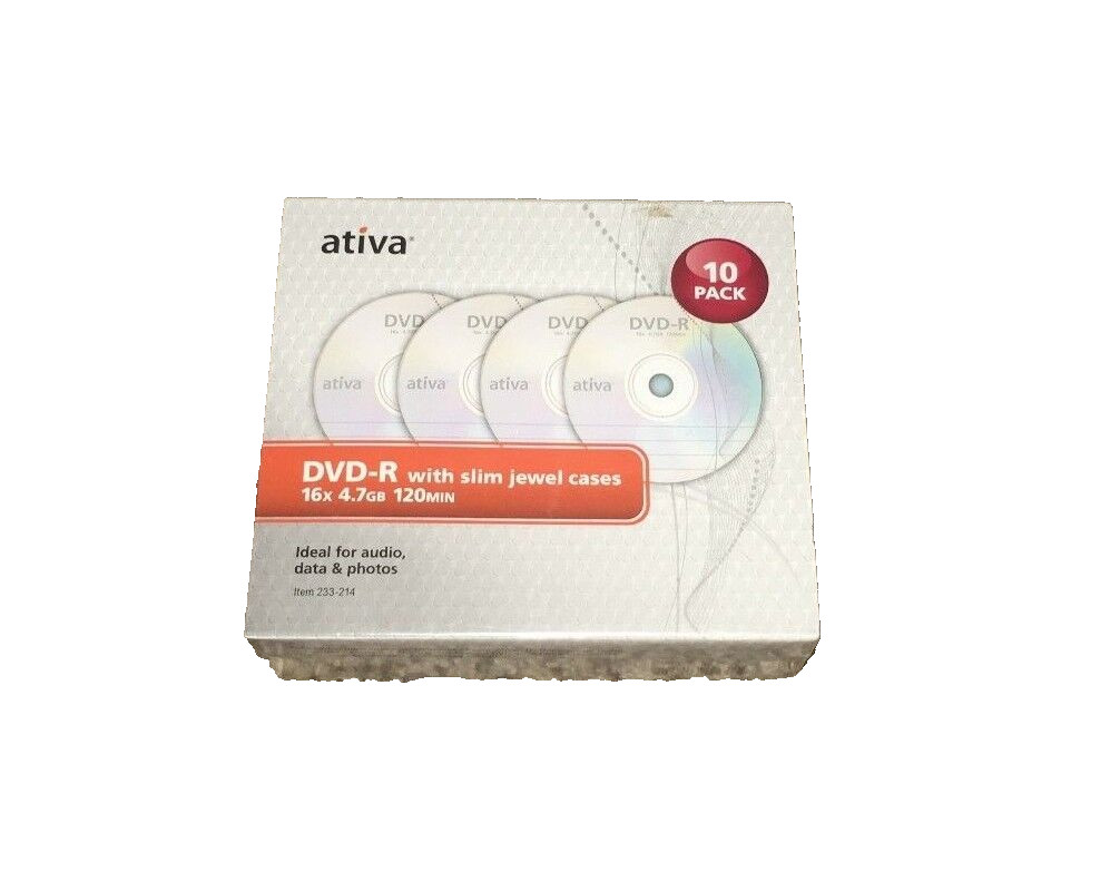 ATIVA DVD-R disc 10 Pk +Jewel Cases Slim  16x 4.7GB Factory Seal 