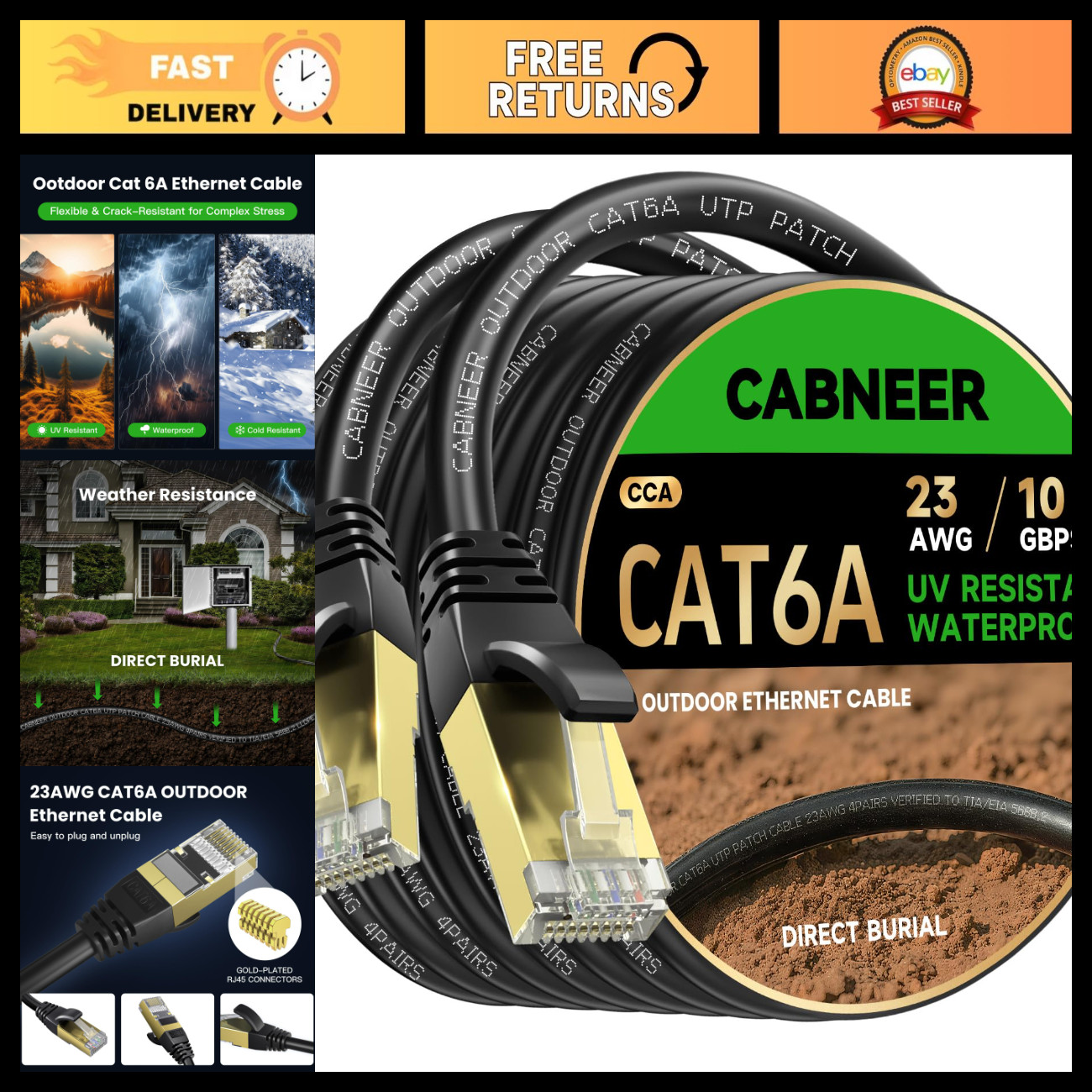 125ft CAT6A Outdoor Ethernet Cable - Direct Burial RJ45 Network Cable for Fast I