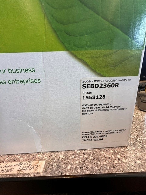 Staples Sustainable Earth SEBD2360R Dell Black Toner Cartridge 1558128 New