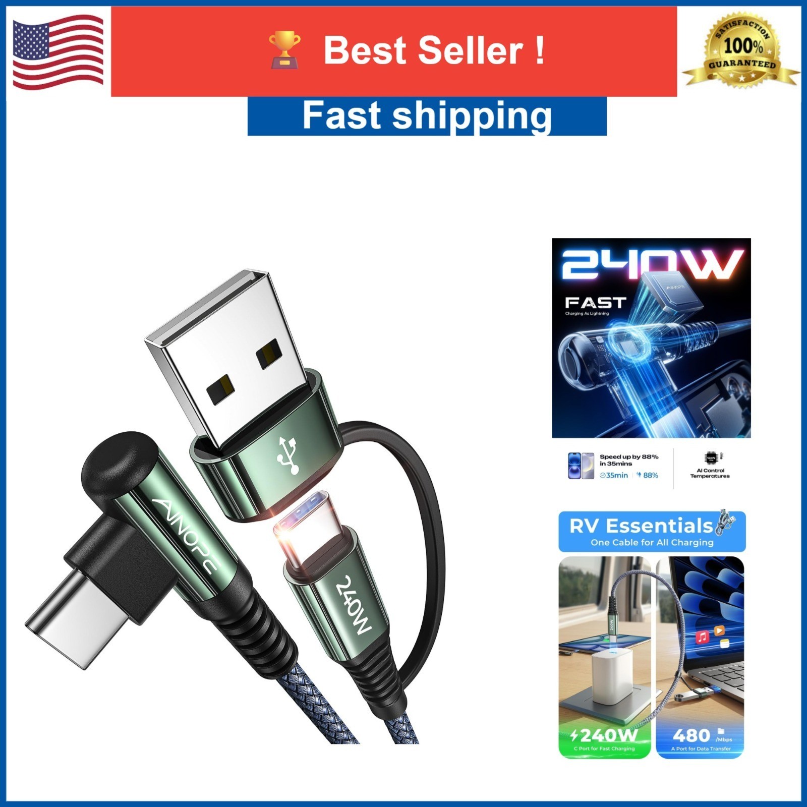 AINOPE 240W USB C Cable 10FT Fast Charging Right Angle USB-C to USB-C with