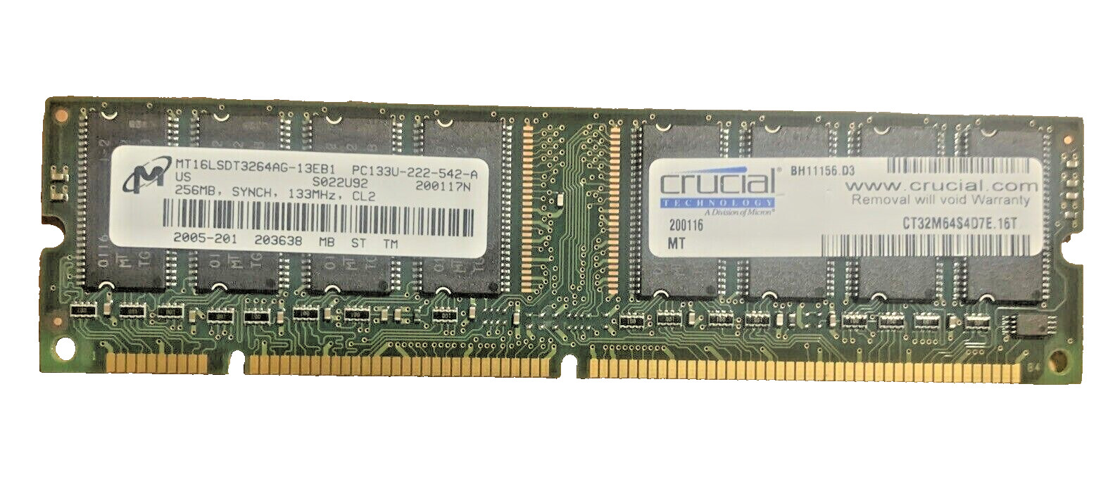 Crucial 256MB 32Mx64 Dimm SDRAM  CL2 133MHz Memory Card CT32M64S4D7E PC133U Used