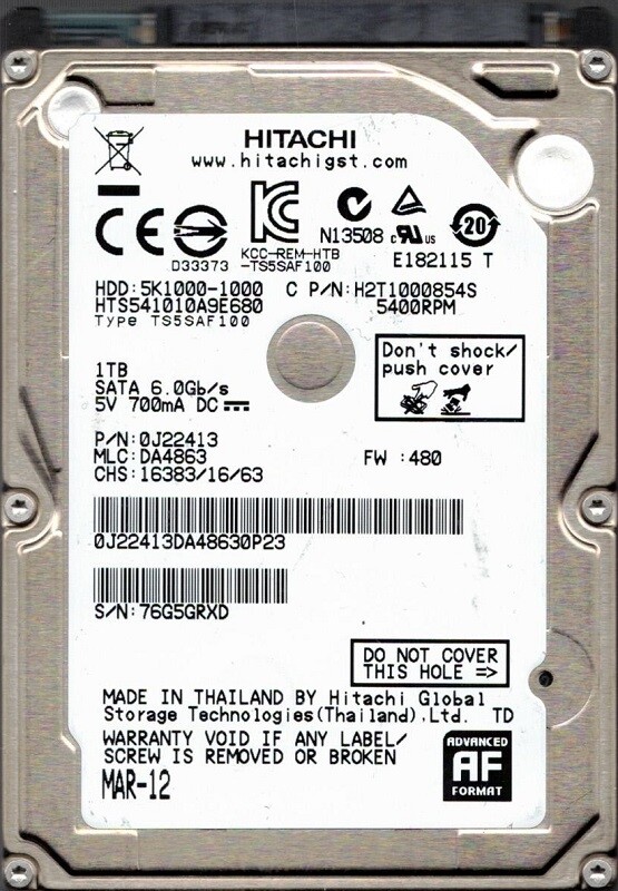 Hitachi HTS541010A9E680 P/N: 0J22413 MLC: DA4863 1TB