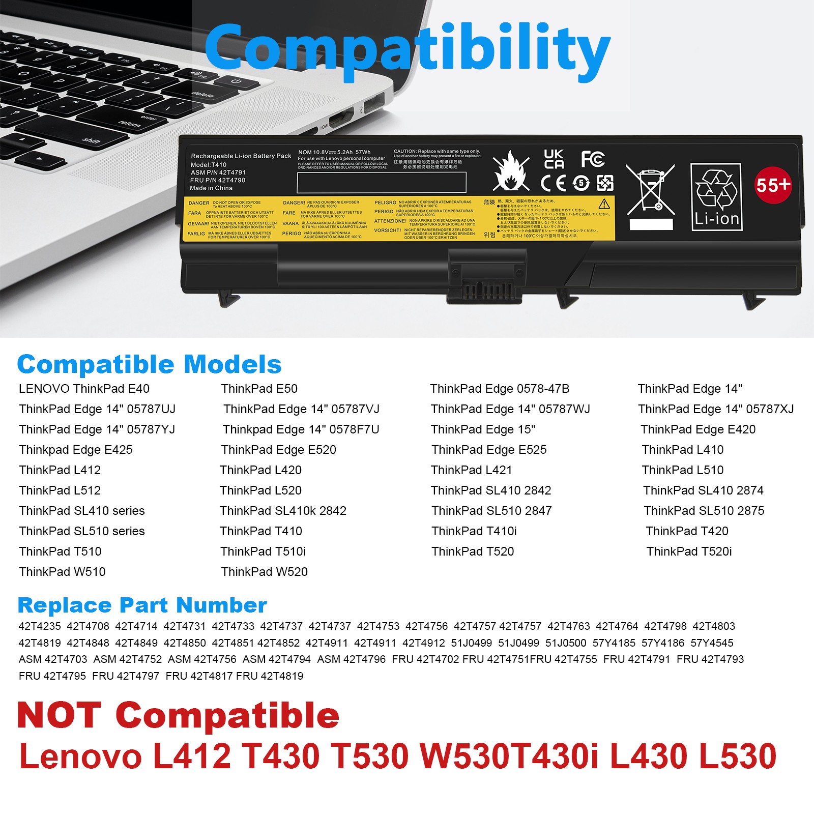 ✅LOT 55+ Battery For Lenovo Thinkpad T410 T420 T510 T520 W510 W520 5200mAh 6Cell
