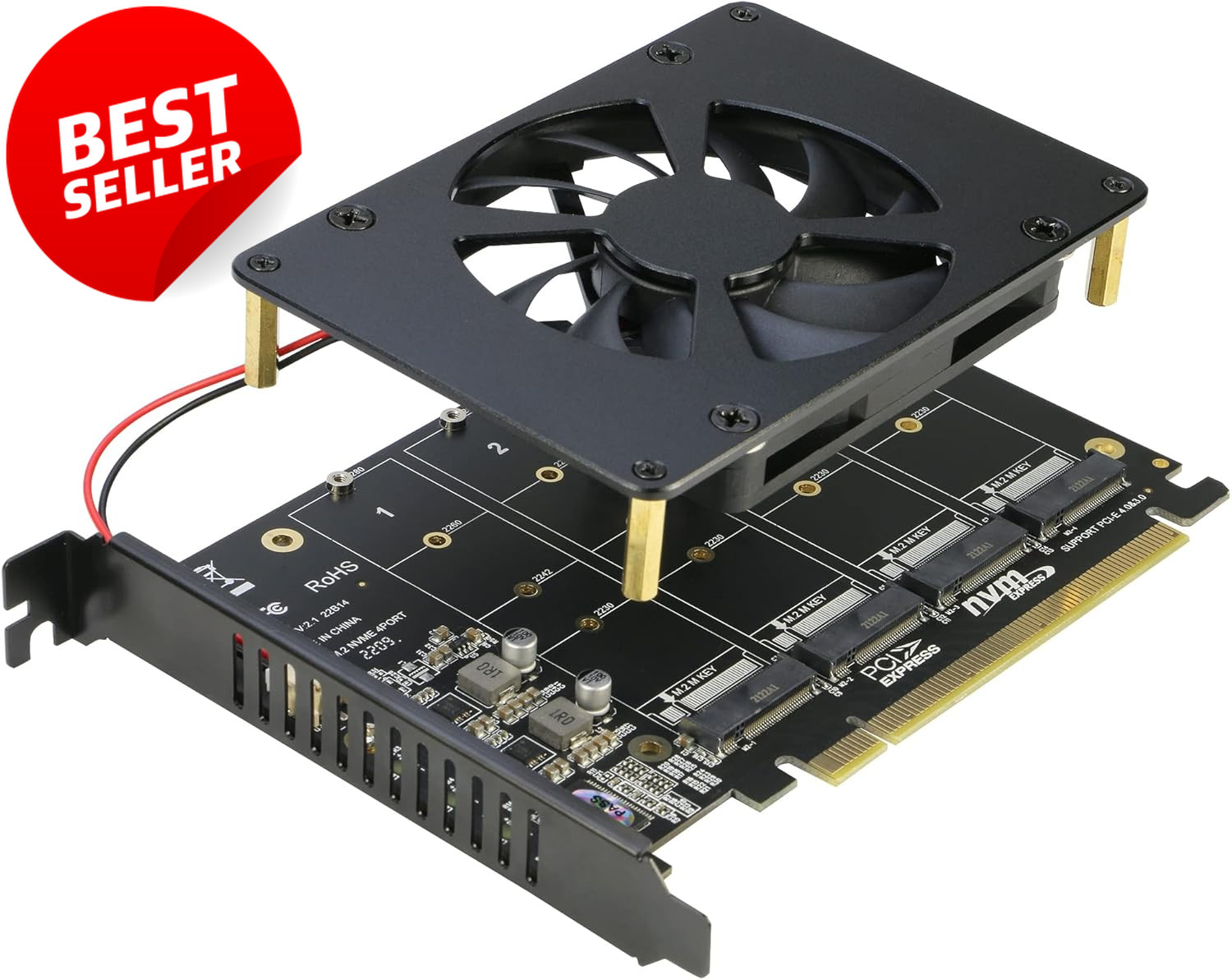 Quad NVMe PCIe X16 Adapter 4 Port M.2 SSD Card with Fan Bifurcation - US