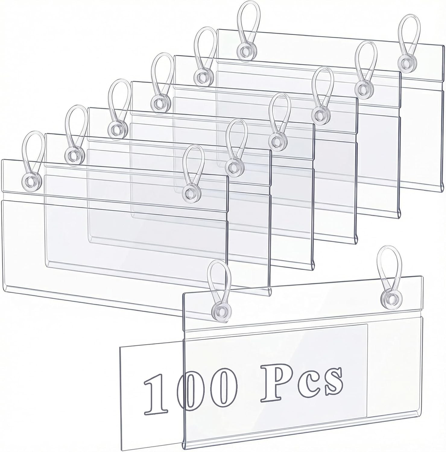 100 Pack Plastic Wire Shelf Label Holders, 4" x 2.3" Clear Price Tag Holder S...