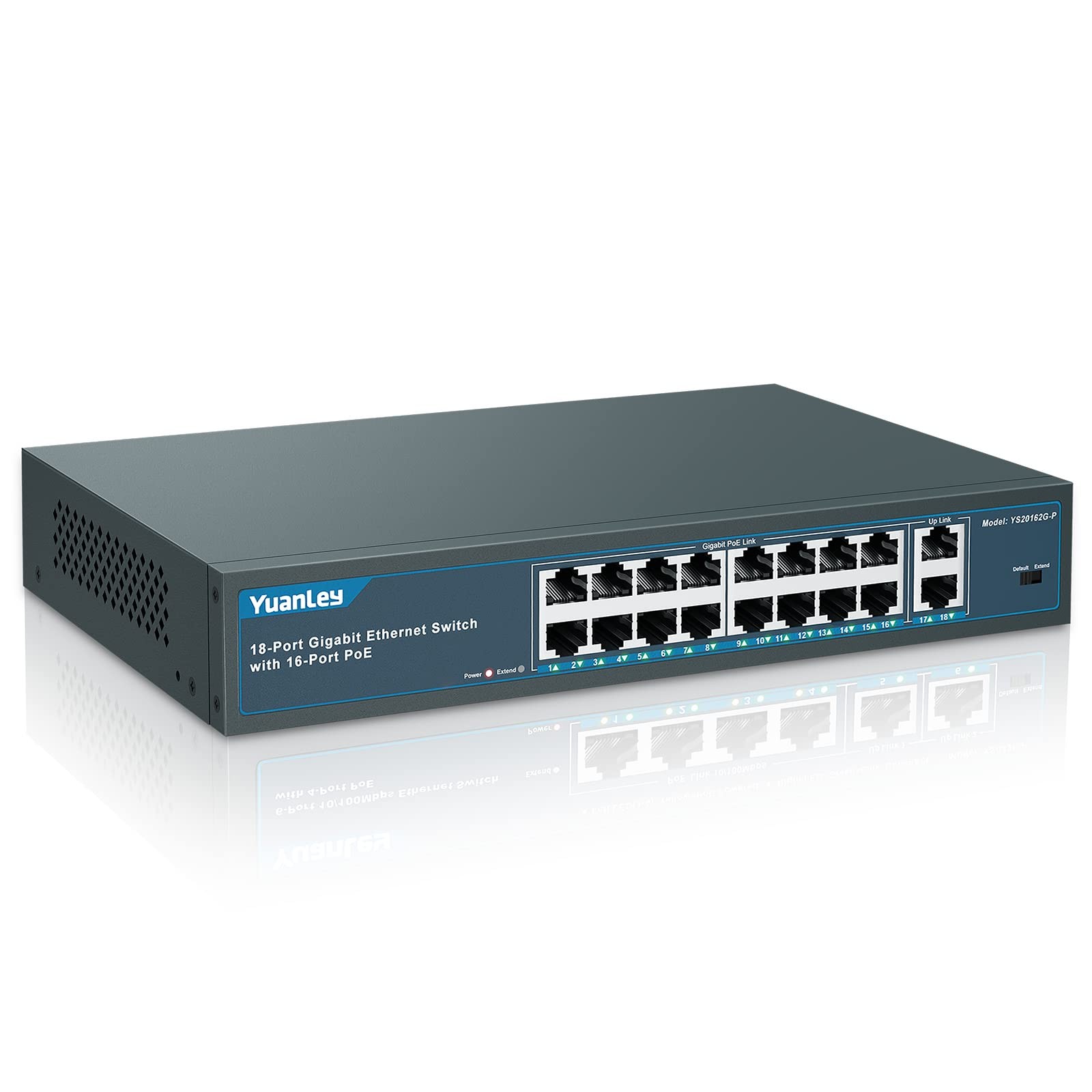 16 Port Gigabit PoE Switch with 2 Gigabit Uplink, 16 PoE+ Port 1000Mbps, 250W...