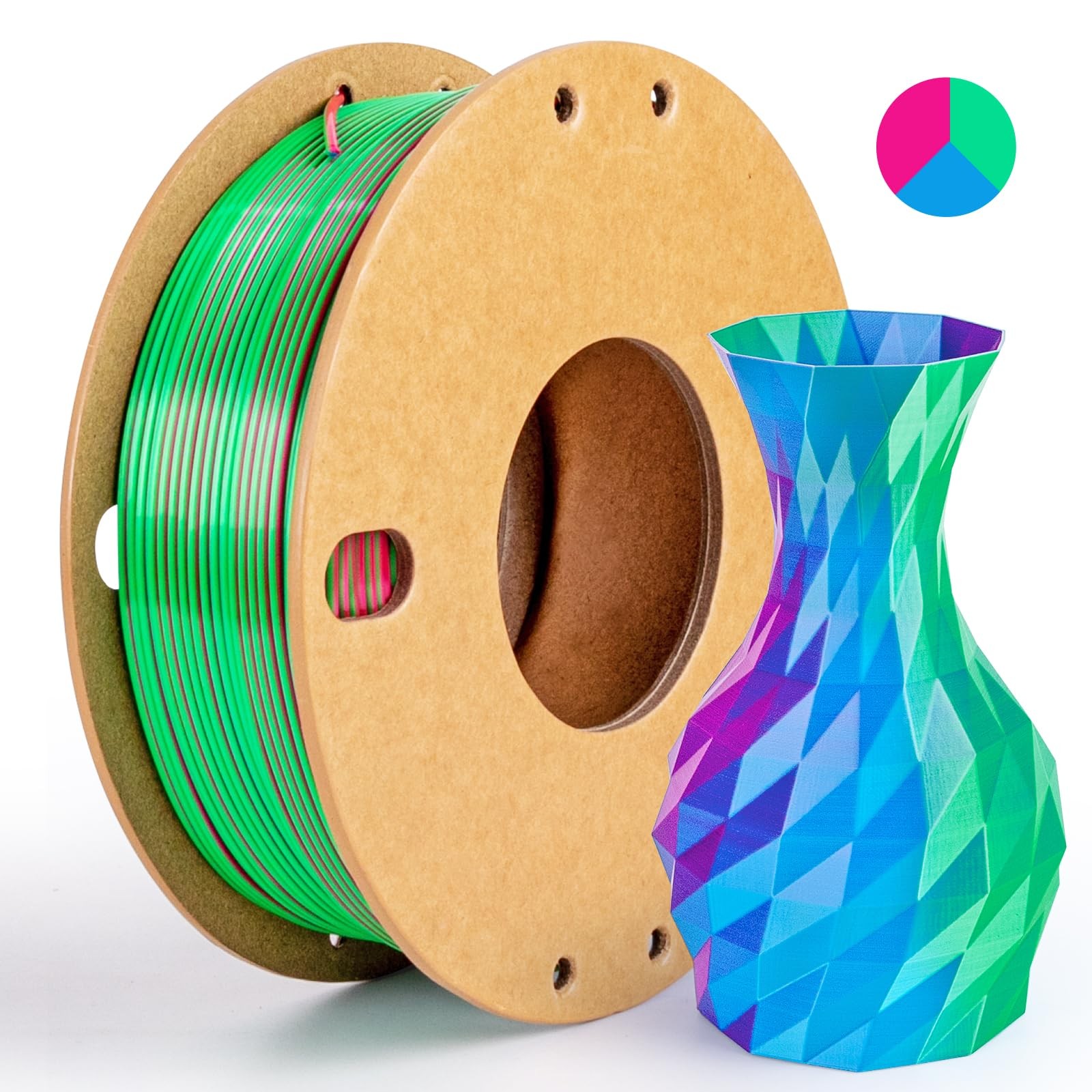 Silk Triple Color PLA+ 3D Printer Filament 1.75mm, No Tangle Shiny Filament N...