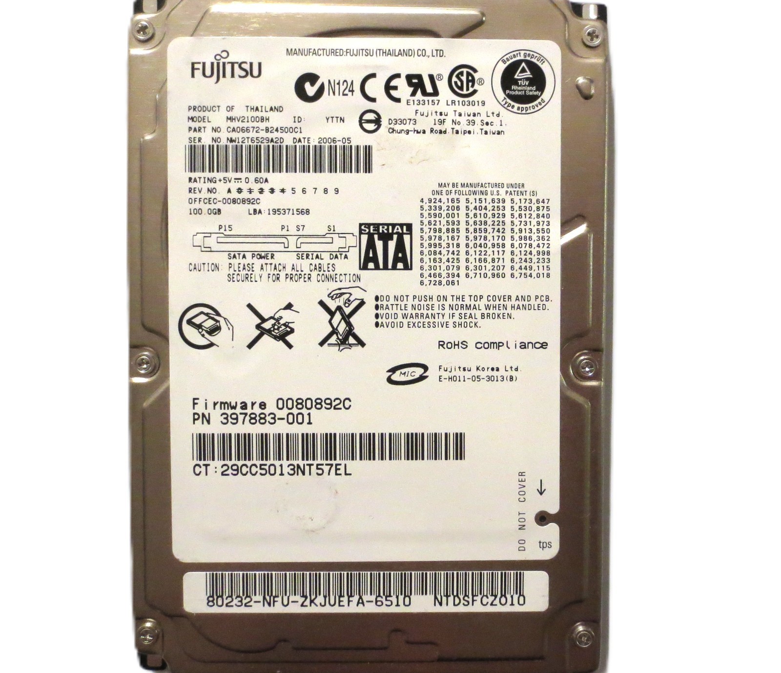 Fujitsu MHV2100BH CA06672-B24500C1 0FFCEC-0080892C (NW1) Thailand 100gb HDD 2006