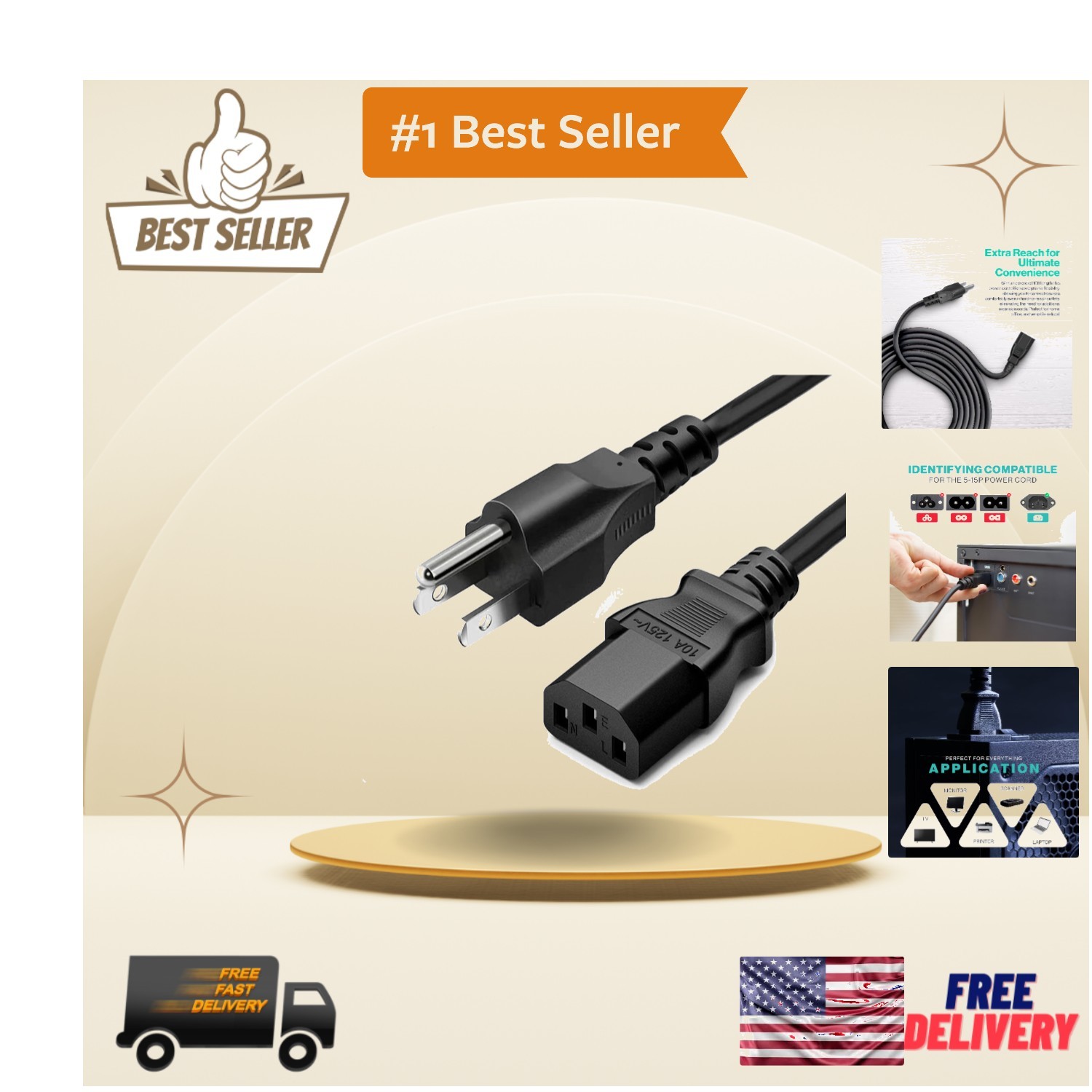 10ft 3 Prong AC Power Cord for TV, Computer & Printer | Reliable 125V-250V