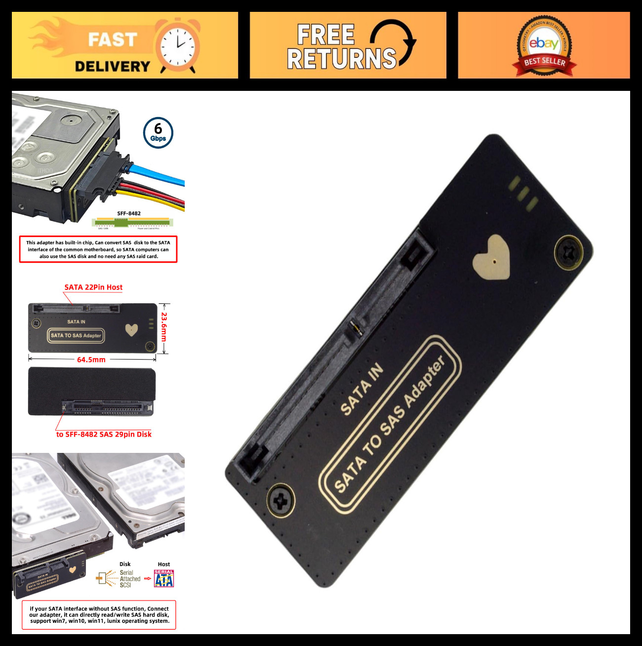 SAS to SATA HDD Adapter 29Pin Target to 22Pin Host, 6Gbps, RAID Compatible, Powe