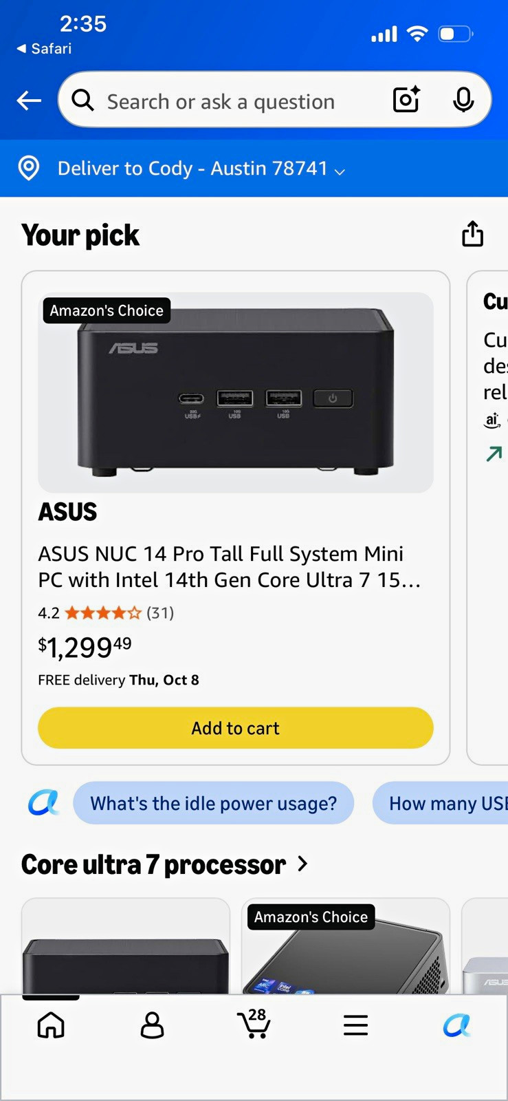 ASUS NUC 14 Pro Mini PC Ultra 7 155H 32GB DDR5 Win11 WiFi BT Black 1TB M.2 SSD