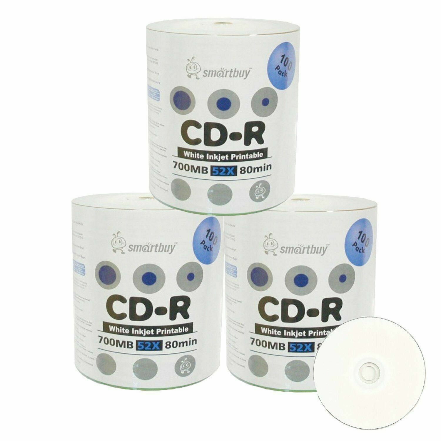 300 Pack Smartbuy CD-R 52X 700MB White Inkjet Printable Blank Recordable Discs