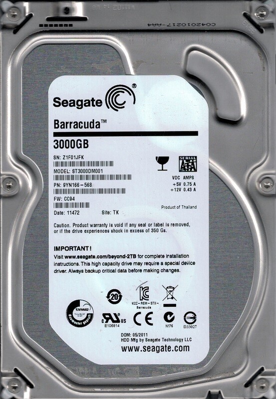 ST3000DM001 P/N: 9YN166-568 F/W: CC94 TK Z1F Seagate 3TB