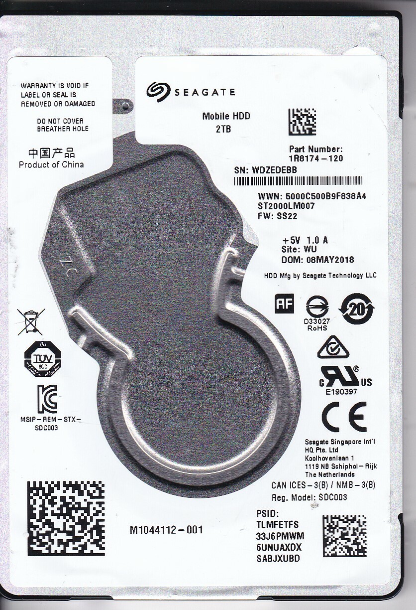 ST2000LM007 pn: 1R8174-120 fw: SS22 sn: WDZ WU 2018 2TB SATA 2.5" Seagate