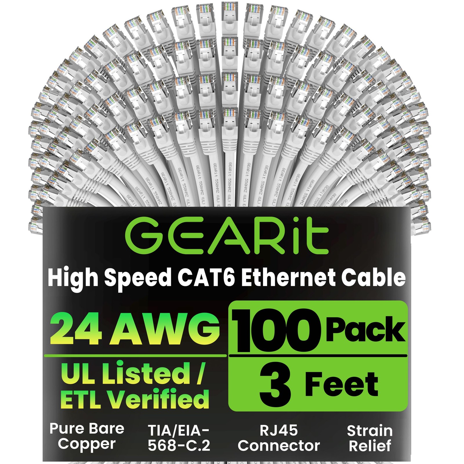 GEARit Cat6 Patch Cables 3 ft White (100 Pack) - Cat 6 3 Feet,