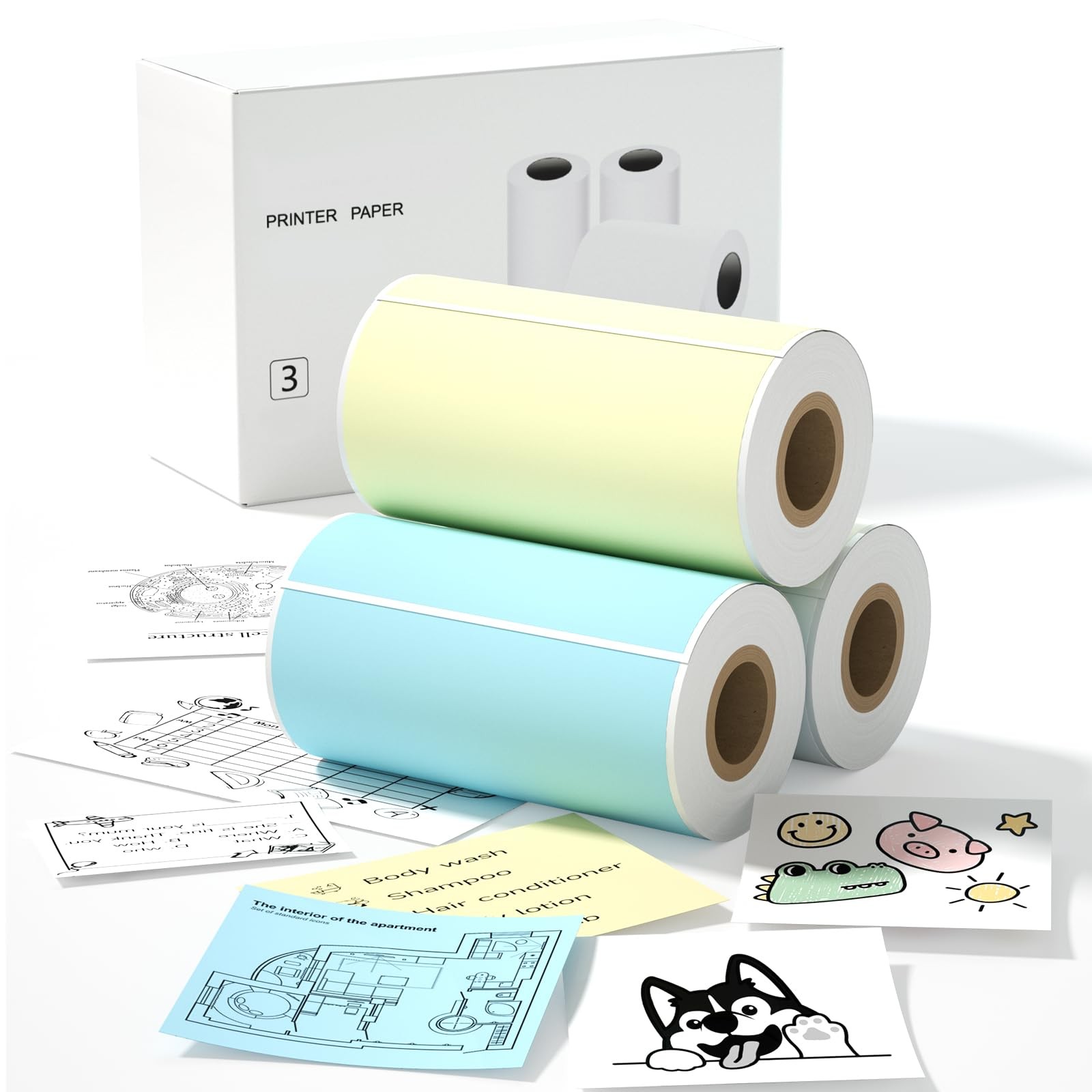 S1 S2 M02 T02 Mini Thermal Sticker Paper - 3 Rolls (White Blue Yellow 57x29mm, 3
