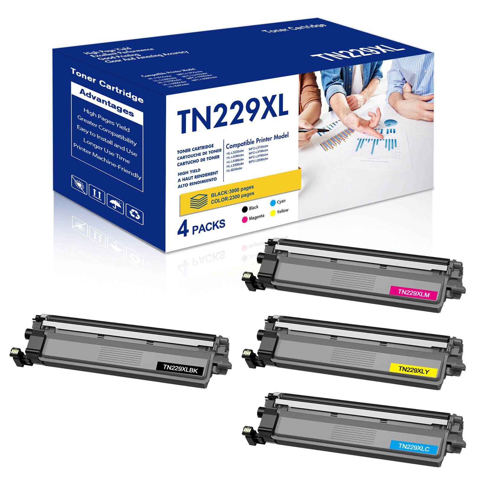 4PK TN229XL TN229 High Yield Toner Cartridge For BrotherHL-L3280CDW MFC-L3780CDW