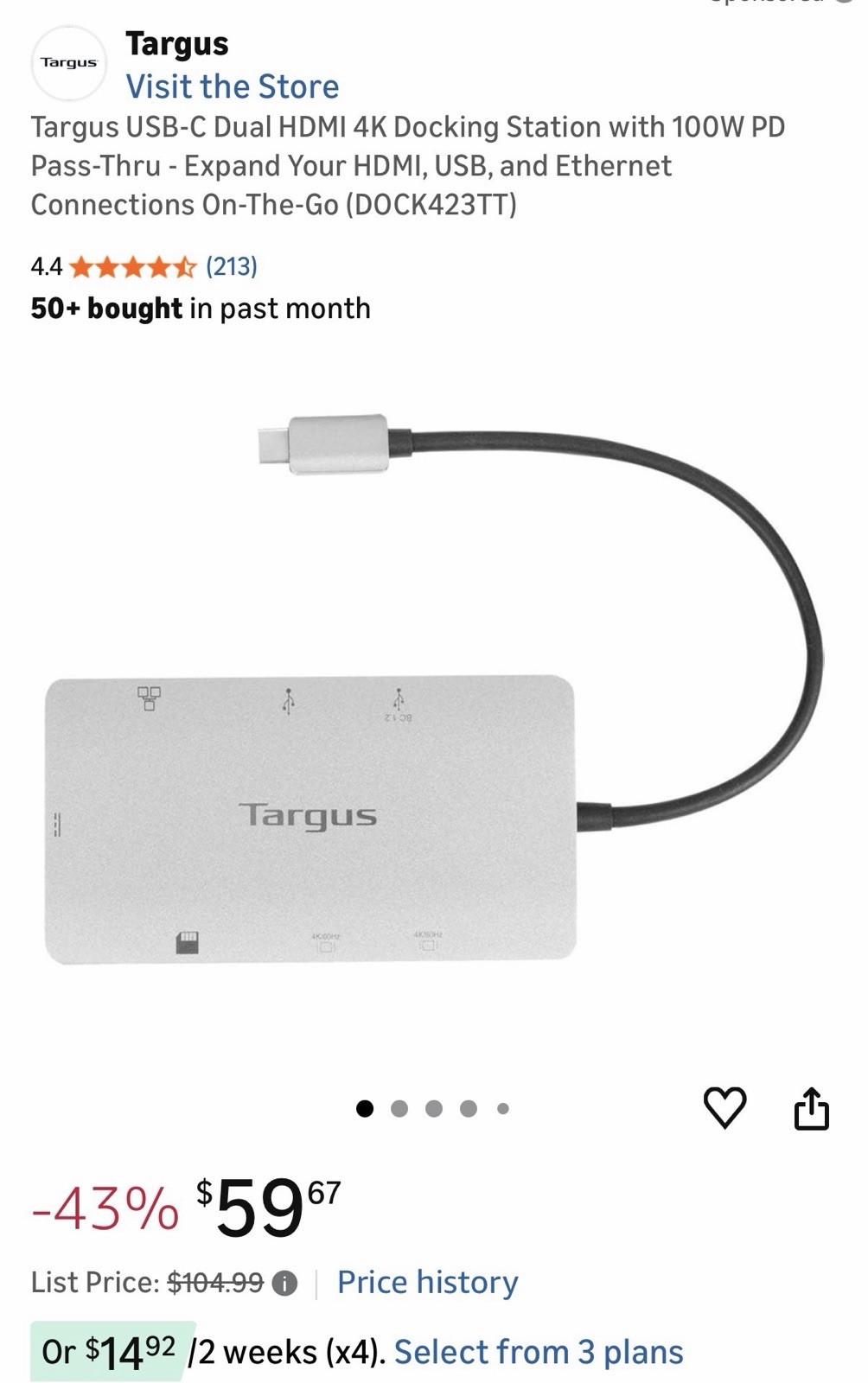Targus USB-C Dual HDMI 4K Dock with 100W PD Pass-Thru - HDMI, USB, Ethernet