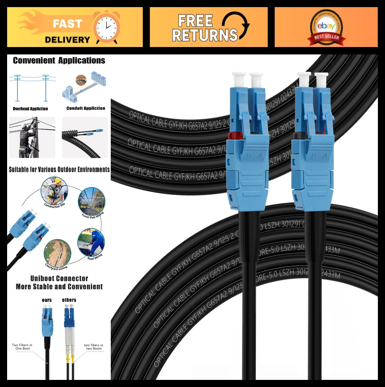 Outdoor Fiber Optic Cable 20M LC to LC, Uniboot Armored, Single Mode 1G/10GB, LS