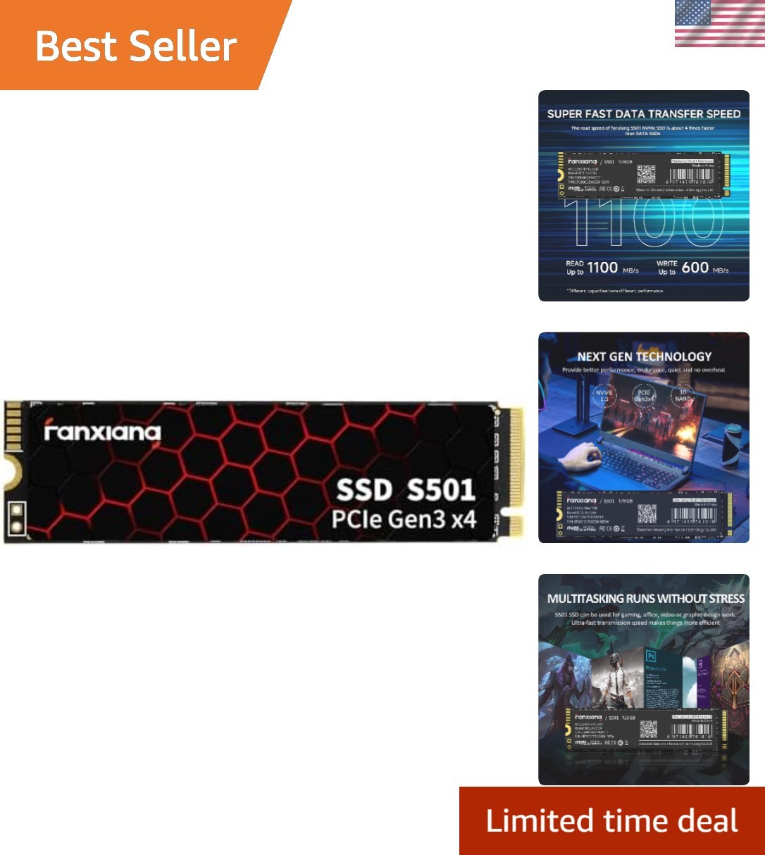 S501 128GB NVMe SSD 3D NAND1.3 PCIe Gen3x4 M.2 2280 Internal Solid State Driv...