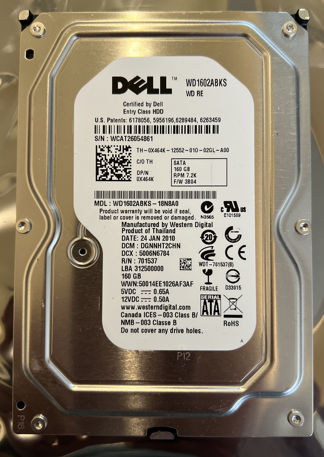 Dell 160 GB,Internal,7500 RPM,3.5" (X464K) Hard Drive