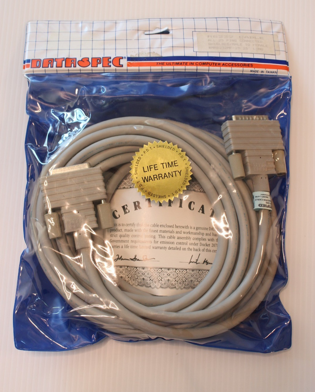 Vintage DATASPEC RS232 25 pin male to female computer cable 25' long Taiwan