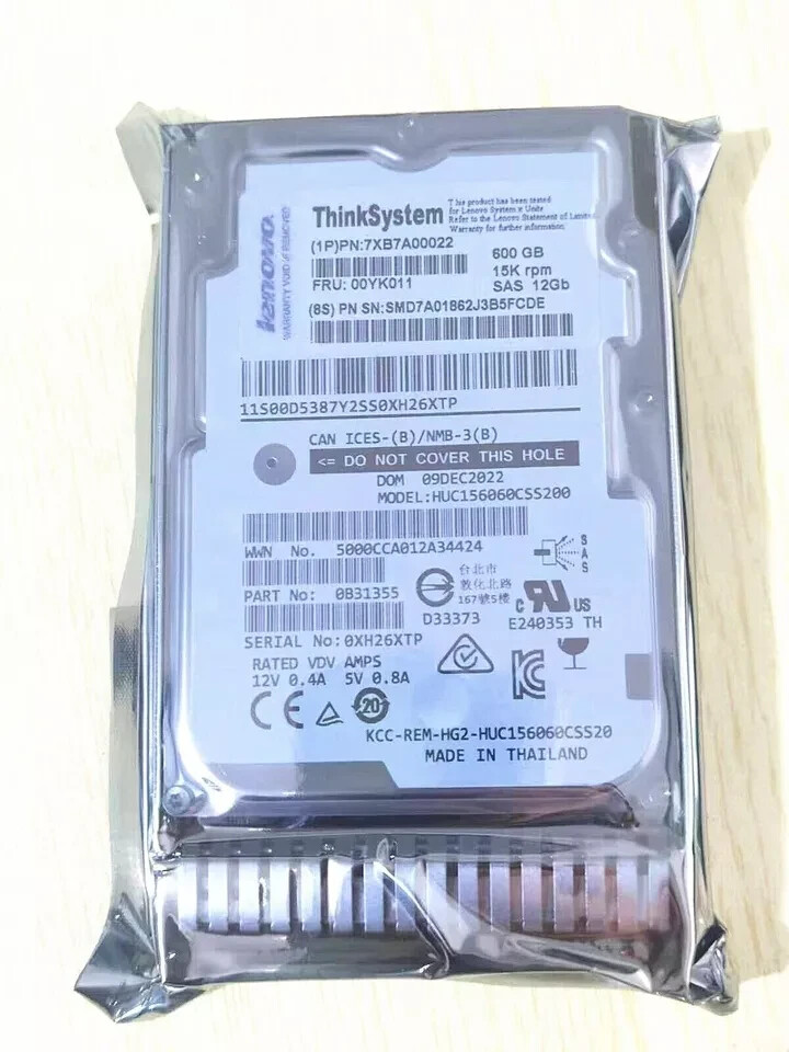 NEW Lenovo / IBM 00YK011 7XB7A00022 2.5" 600GB 15K SAS 12G Hot Swap Hard Drive