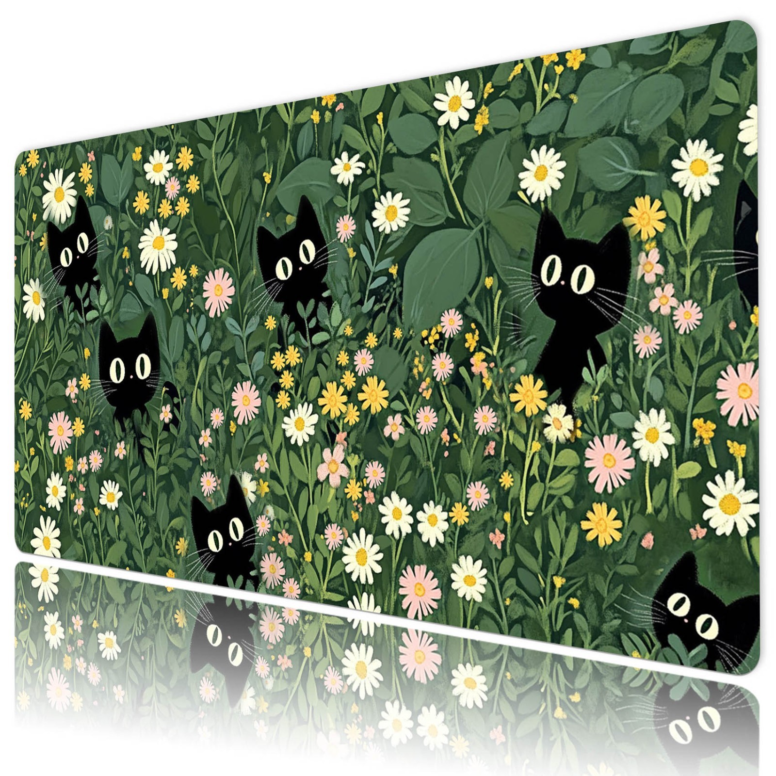 Green Leaf Pink Floral Cute Funny Cat Desk Mat for Keyboard and Mouse Desk Pad