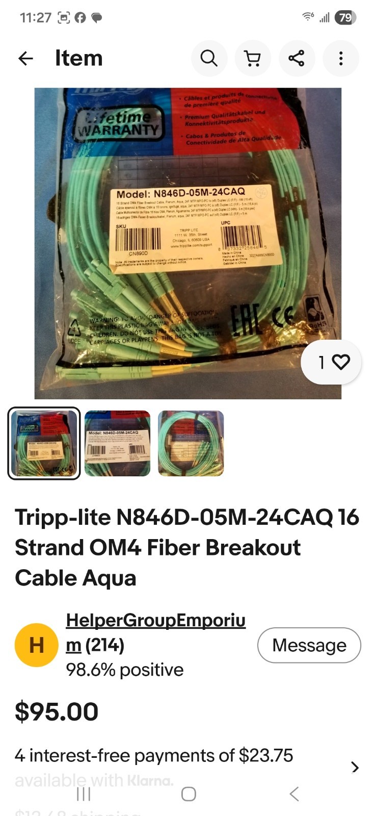 Tripp Lite N846D-05M-24CAQ OM4 16-Strand MPO/LC Fiber Breakout Cable 5m Aqua