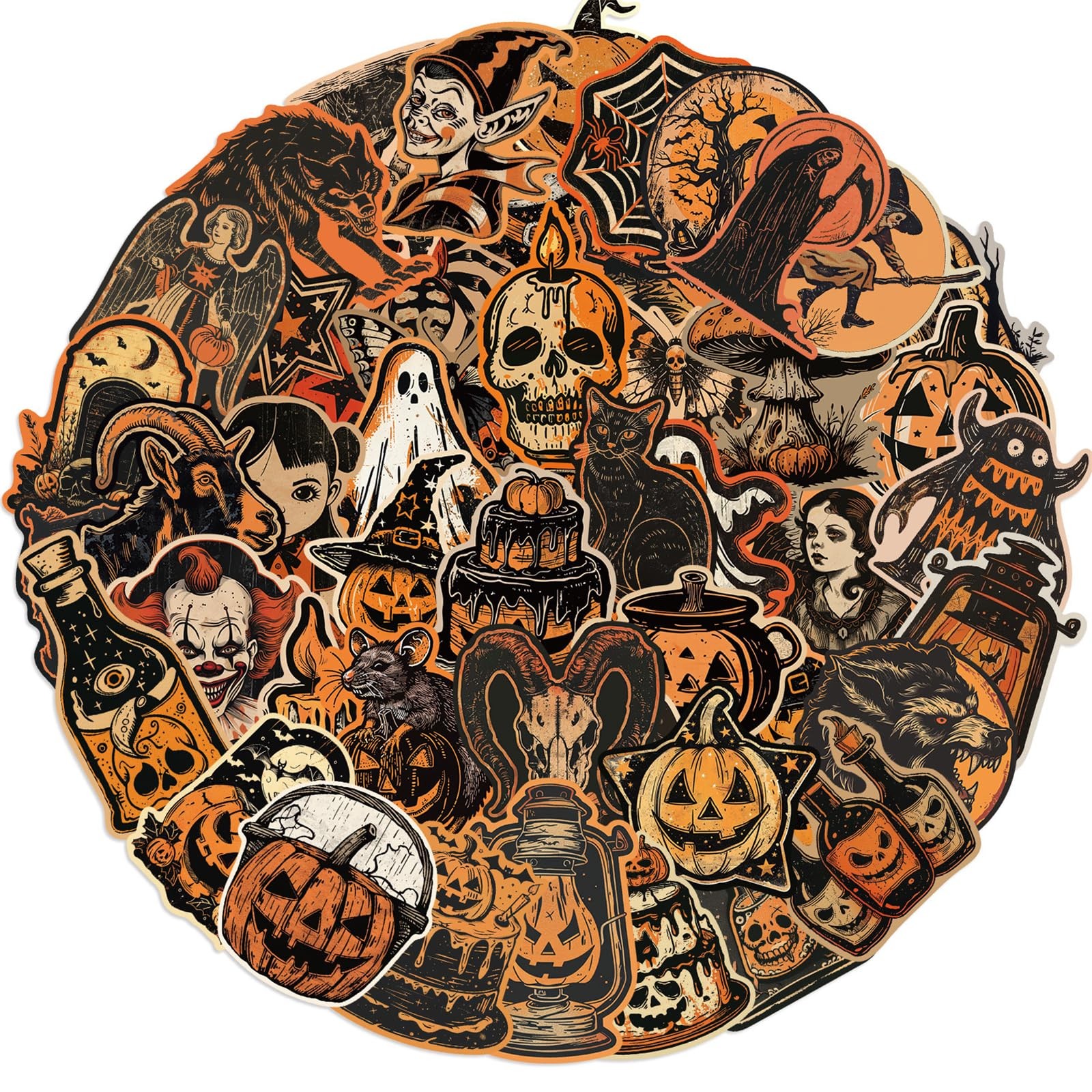 50pcs Retro Halloween Stickers,Horrible Pumpkin Theme Stickers Gothic Hallow