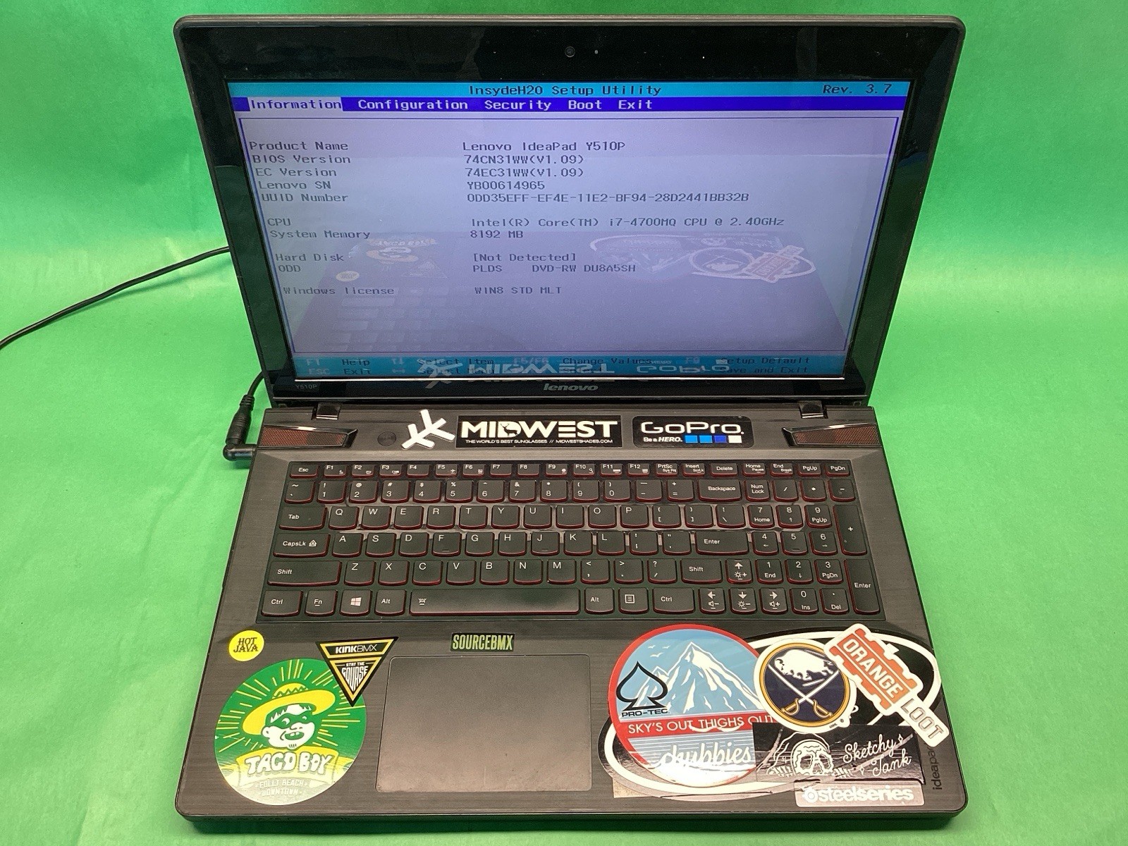 Lenovo IdeaPad Y510p Laptop 8GB RAM - NO HDD - POWERS ON - UNTESTED