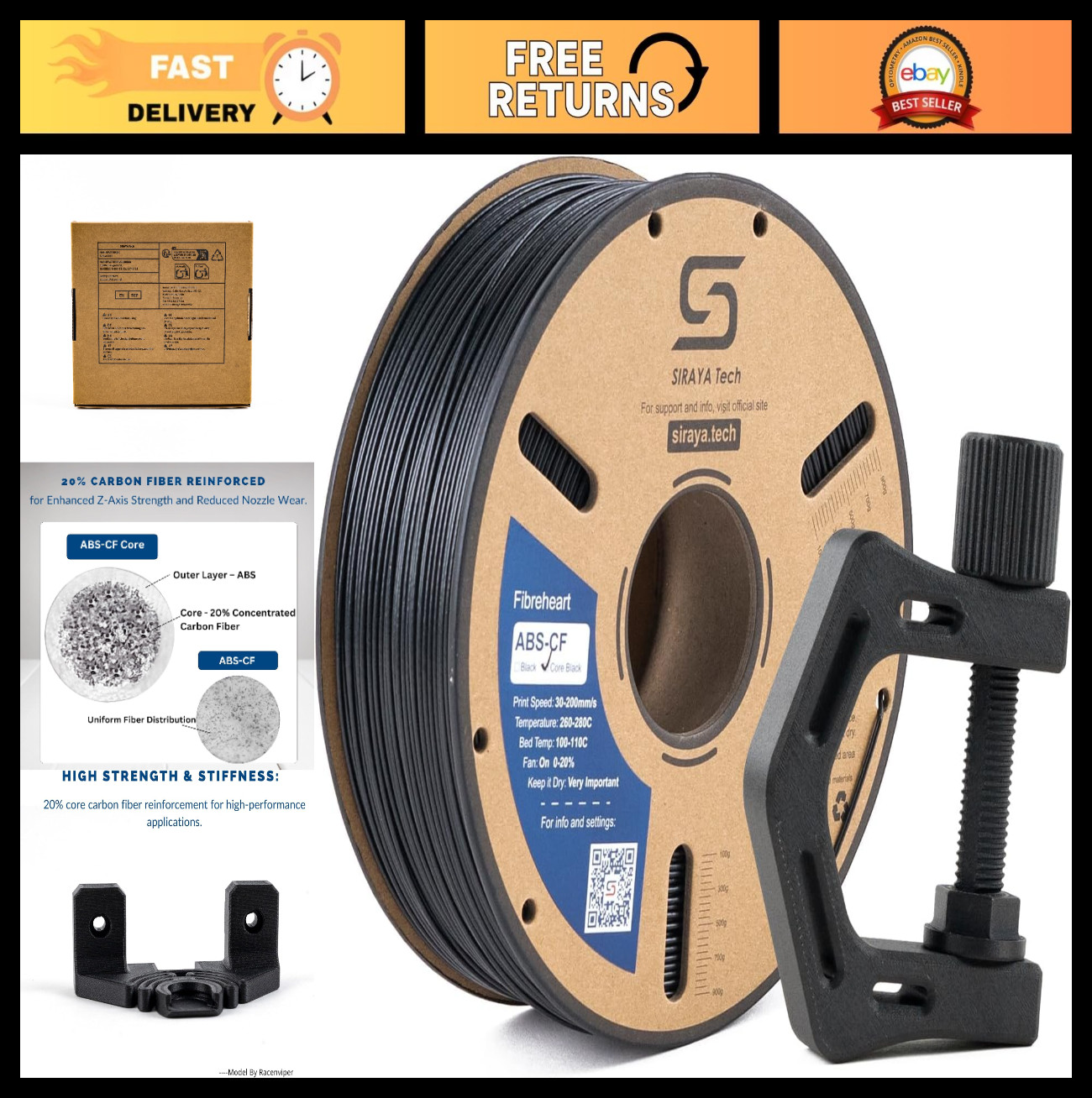 High-Quality Black 3D Printer Filament, ABS-CF Core, 1kg - Durable & Versatile