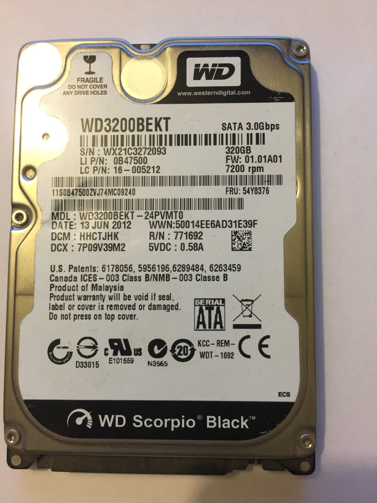 Western Digital Scorpio Black 320GB Internal 7200RPM 2.5" (WD3200BEKT) HDD