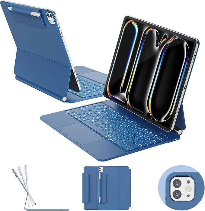 RAYMCRAFT iPad Air 13 inch Case with Keyboard (M3, M2), iPad Pro 12.9 Steel Blue