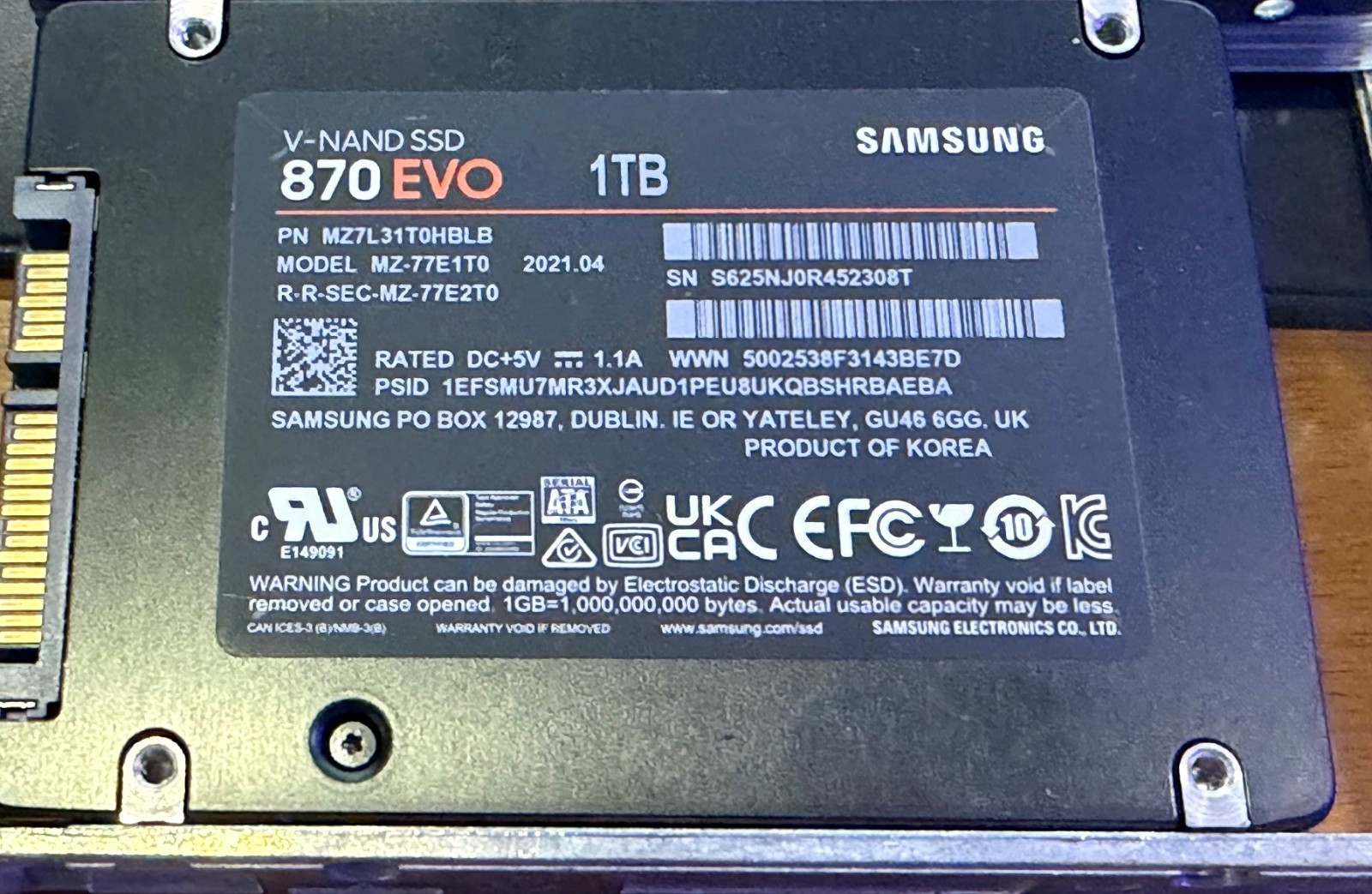 Samsung SSD 870 EVO 1TB, Internal, 2.5 inch SSD MZ-77E1T0B 100% Health