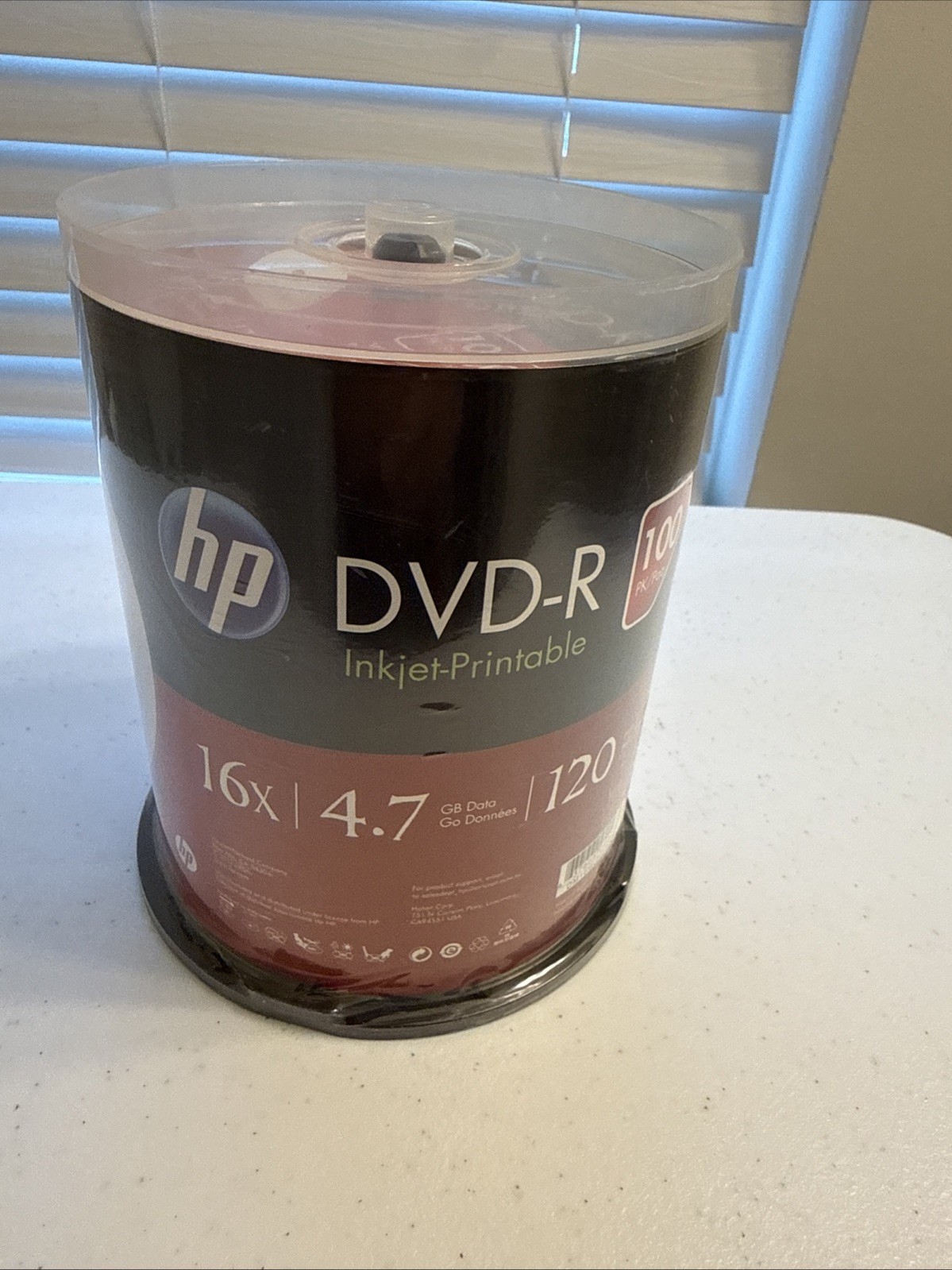 100 HP  DVD-R DVD 16X Blank 4.7GB White Inkjet Printable Disc Spindle Cake Box