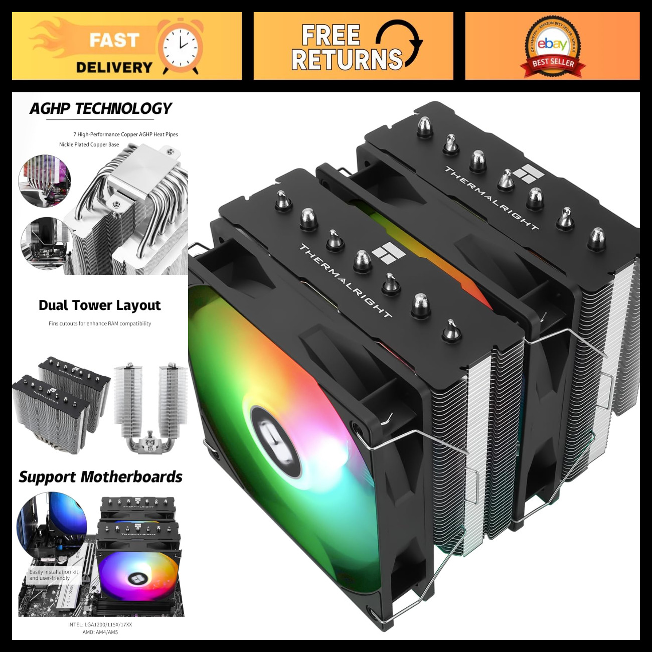 High-Performance CPU Air Cooler, 7 Heat Pipes, Dual 120mm PWM Fans, ARGB Lightin