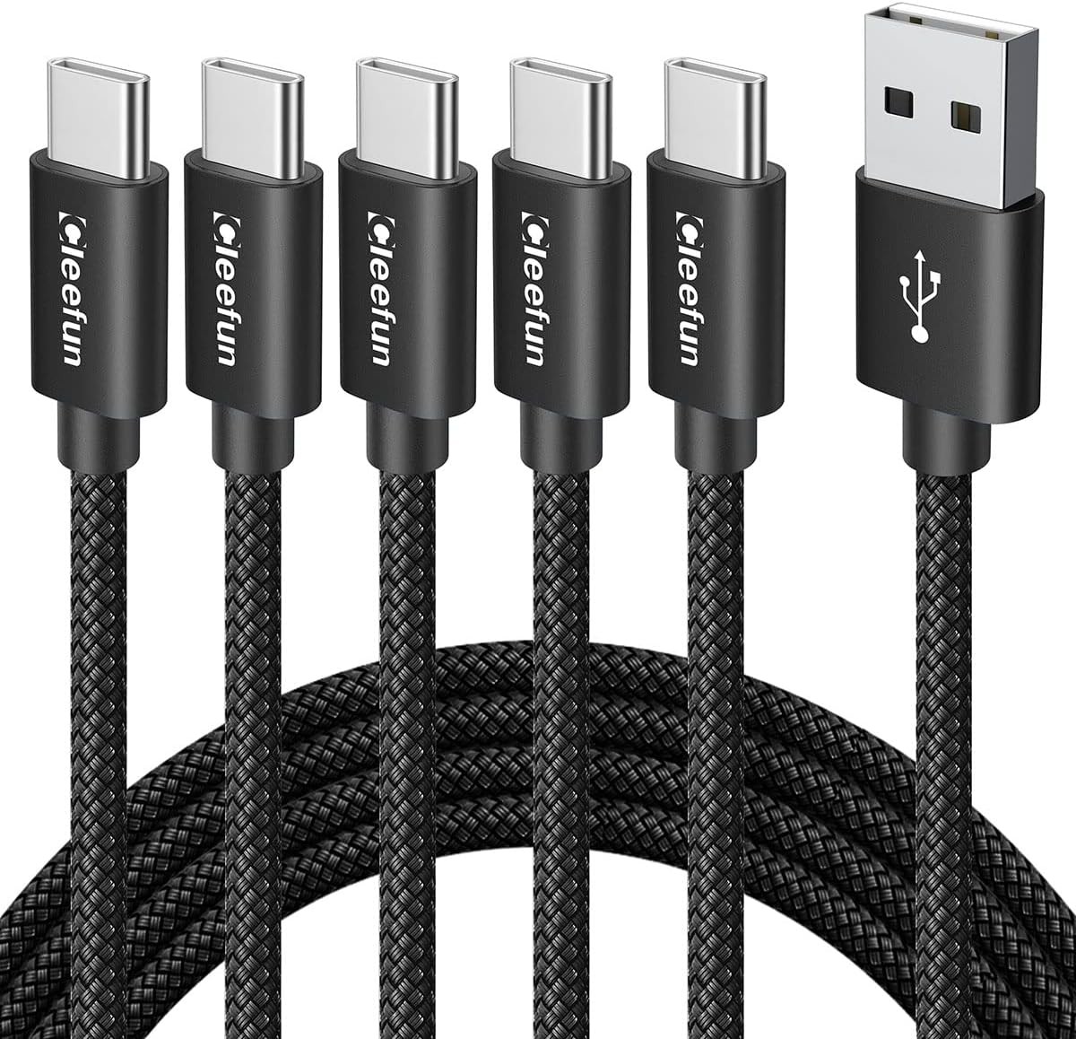 CLEEFUN USB C Cable 3ft, 5-Pack A to Type C Charger Cord Fast Black 