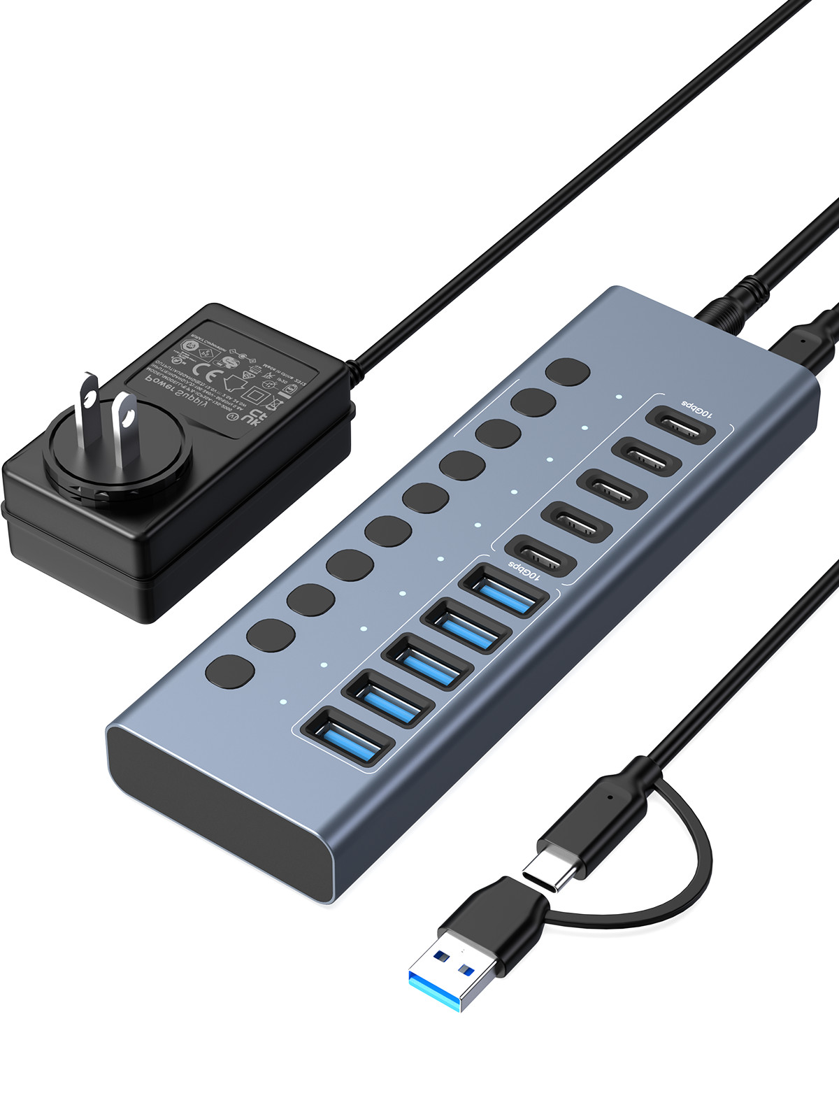 Acasis USB 3.2 Hub 10Gbps 10 Port On/Off Switch with AC Power Adapter for Laptop