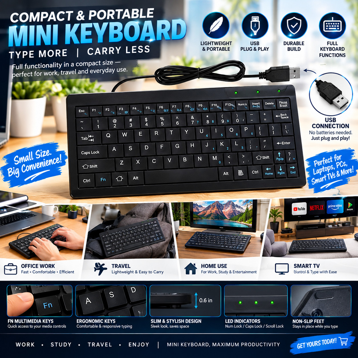 Mini Keyboard Small Wired USB Interface Compact for Android Windows 