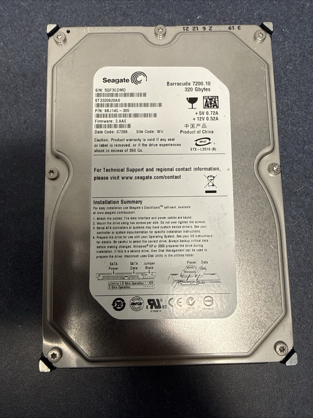 Seagate ST3320620AS 9BJ14G-308 3.AAK SU (6QF) China 320gb 3.5" Sata HDD 07451